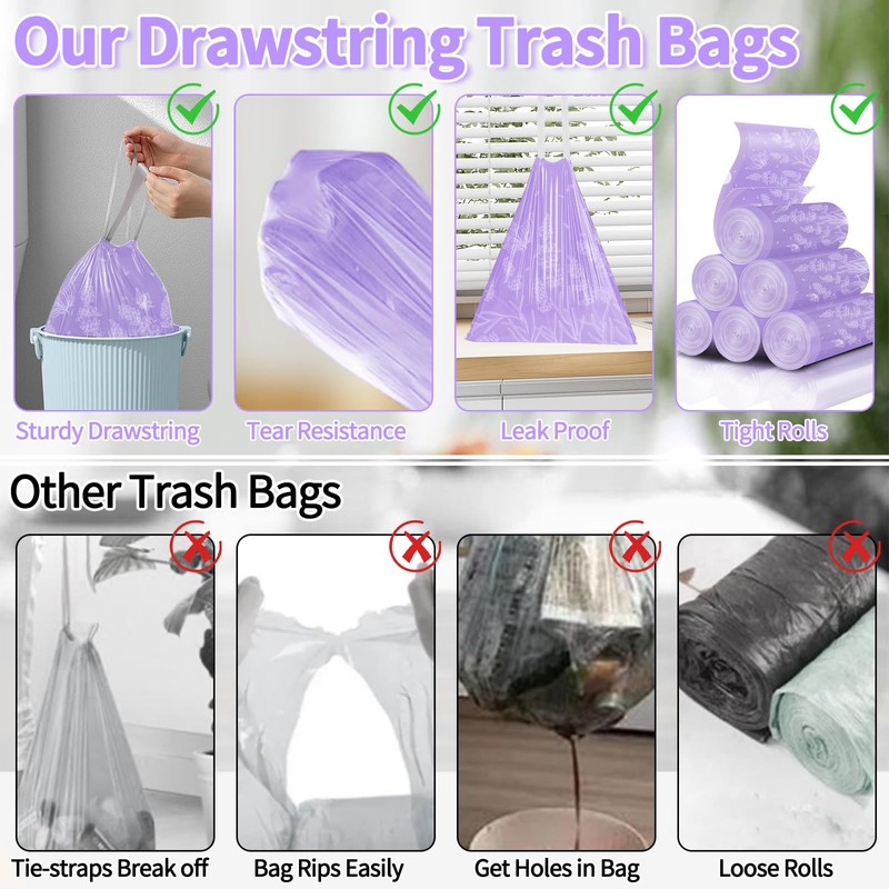 4 Gallon 400PCS Lavender Scented Drawstring Trash Bags,Floral Printed Design,Thick