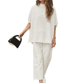 Ainangua Women Casual Two Piece Outfits 3/4 Batwing Sleeve Capelet CrewNeck Pullover Top Wide Leg Pants Lounge Sets Sweatsuit(Light Gray,M)