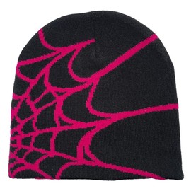 CORIRESHA Women Men y2k Beanie Spider Web Knit Hats Warm Soft Goth Winter Caps, Black Rose Red, One Size