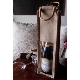 burlapfabric.com Natural Jute Wine Bags with Wooden Handles - 5 Pack