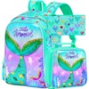 KLFVB 3PCS Girls Mermaid Backpack, Water Resistant Kids Unicorn Bookbag