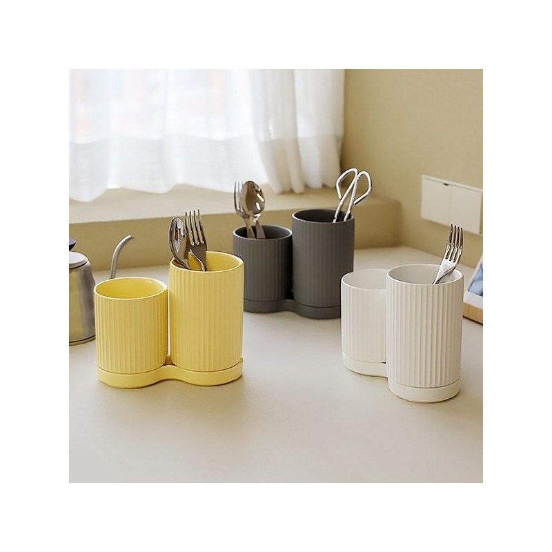Pleated, drainage ceramic 2-compartment cutlery holder / 플리츠 물빠짐 도자기
