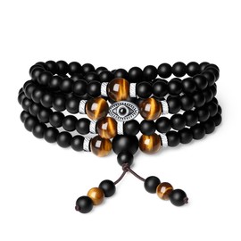COAI Unisex 108 Mala Chain Wrap Bracelet Made of Matte Onyx and Tiger's Eye Beads with Evil Eye Charm, Stainless Steel Stone, Tiger's Eye