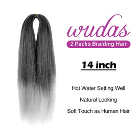 WUDAS Ombre Grey Braiding Hair 14 Inch Short Pre Stretched Hair Straight Yaki Texture Synthetic Hair Extensions Softness, 2 Packs