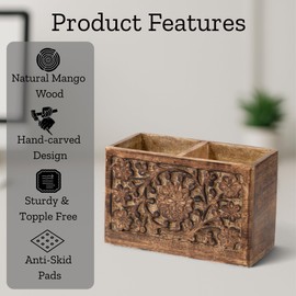 Mie Creations 2 Slot Rustic Pencil Holder Pen Stand for Desk Organizer | Handcarved Wooden Pen Holder for Desktop Table, Wood Office Accessories | Multipurpose School Stationery Craft Supplies 6''