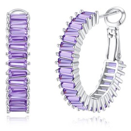 GLOQUAT Purple Hoop Earrings 14K White Gold Plated Amethyst Earrings for Women Purple Diamond Hoop Earrings for Women Lavender Earring Round Circle Hoops Earrings Lavender Jewelry for Women 25mm
