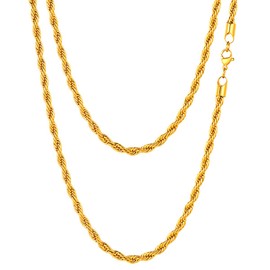FOCALOOK Gold Rope Chain Men Necklace 18inch 3mm Thick Twisted Rope Chain Gold Plated Stainless Steel Fathers Jewlery