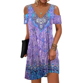 Womens Summer Cold Shoulder Dress Cute Floral Button Pleated V Neck Sundress Casual Loose Tshirts Dress