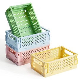 TORASO 4 Pack Mini [15cm L x 10cm W x 5.7cm H] Plastic Baskets for Shelf Storage Organizing, Durable and Reliable Folding Storage Crate, Ideal for Home Kitchen Classroom (S,4pcs).CA