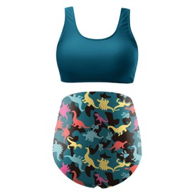 DEBELLY Maternity Women's Tankini Set Swimsuits 2 Piece Pregnancy Bathing Suits with Comfortable Mama Bikini Top High Waisted Swim Bottom,Teal Dinosaur,S