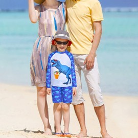 Sylfairy Boys Two Piece Rash Guard Swimsuits Kids Long Sleeve Sunsuit Swimwear Sets Bathing Suit (US, Age, 7 Years, 8 Years, Blue Dinosaur)