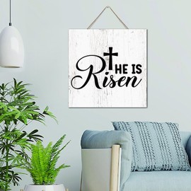 Autravelco He Is Risen Distressed Wall Décor Wood Sign Plaque 12x12 Inch Painted Wall Art Wood Plaque with Sayings Home Decor for Living Room Office