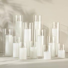 Shihanee Set of 12 White Pillar Candles and Glass Cylinder Vases 6 Sizes Clear Cylinder Candle Holders for Pillar Candles Home Table Centerpieces Decoration