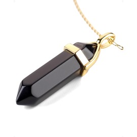 LAVISA Obelisk Gemstone Necklace Gold Pendant Real Crystal Chain Necklace Rose Quartz Amethyst Natural Stone, 55 + 5 cm, Stainless Steel