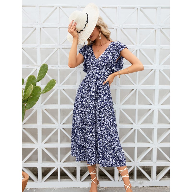 MURMUREY Women 2023 Summer Casual Floral Print Short Flutter Sleeve