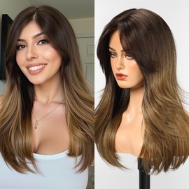 WOKESTAR Natural Long Wigs for Women with Fringe Synthetic Heat Resistant Hair Ombre Brown Wig for Daily Party Cosplay Use