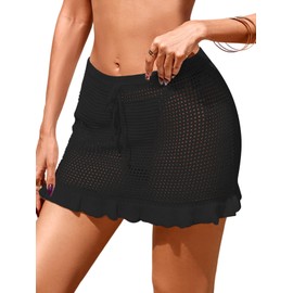 BreathSunny Womens Crochet Knit Elastic Waist Tie Swimsuit Coverup Summer 2025 Trendy Outfits Ruffle Trim Hollow Out Sheer Mesh Swimwear Coverups Beach Swim Bathing Suit Cover Up Mini Skirt Black S