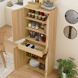 Vabches Kitchen Pantry Cabinet with Large Drawer, Rattan Storage Cabient Tall Cupboard with Adjustable Shelves and Barn Doors, Rattan Freestanding Cabinet for Kitchen, Living Room, Entryway