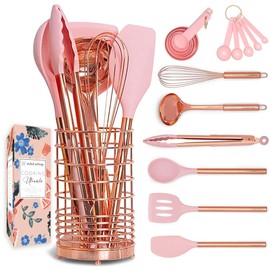Copper and Pink Kitchen Utensils -17PC Pink Cooking Utensils Set with Holder: Pink Measuring Cups and Spoons Set, Copper Kitchen Utensils & Copper Utensil Holder- Pink Kitchen Accessories