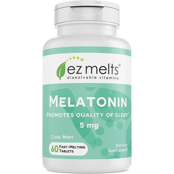 EZ Melts Melatonin for Sleep, 5 mg, Sublingual Vitamins, Vegan, Zero Sugar, Natural Mint Flavor, 60 Fast Dissolve Tablets