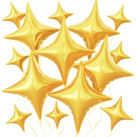 14Pcs Gold Star Balloons, 24 Inch & 10 Inch Four Angle Star Foil Balloons for Baby Shower Graduation Anniversary Wedding Decorations
