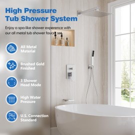 HomGoo Shower System with Tub Spout, All Metal Tub Shower Faucet Set with 10'' Rain shower heads and handheld spray combo,Wall Mounted Tub Shower Systems with Valve and Trim Kit, Brushed Nickel