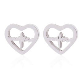 RUIZHEN Open Love Heart Shape Heartbeat EKG Stud Earrings Gift for Nurse (Silver)
