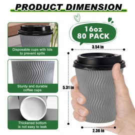 peibobow 16 oz Coffee Cups with Lids, 80 Pack Insulated Corrugated Paper Cups, Disposable Coffee Cups for Water, Juice, Coffee (Grey 16 oz)