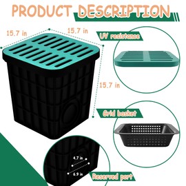 18x18x15 in Large Catch Basin for Drainage with Debris Basket,Catch Basin with Fiber Glass Grate,French Drain Catch Basin Without pre drilled Holes are Suitable for courtyards, downspouts, lawns
