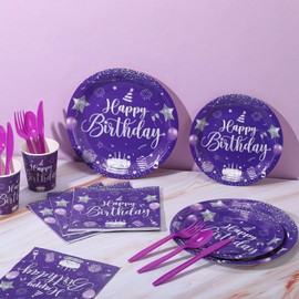 Vesici 171 Pcs Happy Birthday Party Supplies 24 Set Disposable Party Tableware include Plates Cups Napkins Cutlery and Banner Tablecloth Birthday Dinner Decorations for Men Woman(Purple, Silver)