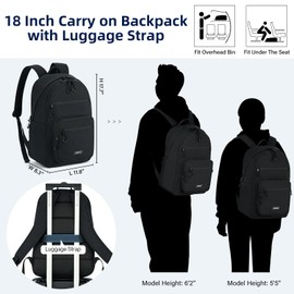 HanTrip Carry On Travel Backpack For Women, 18 Inch Water Resistant Large Backpack Lightweight Bookbag For Men, 8x14x18 Personal Item Bag Casual Daypack Backpacks For Work Office Commuter (Black)