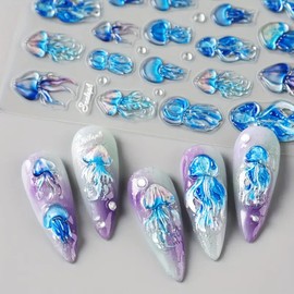 Summer Nail Art Stickers Decals 5D Embossed Jelly Fish Nail Decals 1PCS Self Adhesive Blue Marine Life Theme Nail Stickers Nail Art Supplies Summer Nails Adhesive Sliders for Women DIY Nail Salons