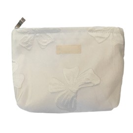 Women Makeup Bag Bowknot Print Large Capacity Zipper Closure Cosmetic Storage Bag for Travel Use Milk White