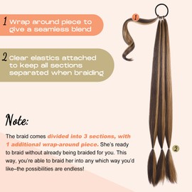 SEIKEA Long DIY Braided Ponytail Extension with Hair Tie Straight Wrap Around Hair Extensions Ponytail Natural Soft Synthetic Hairpiece Chocolate Brown with Blonde 34 Inch (After Braided 30 Inch)