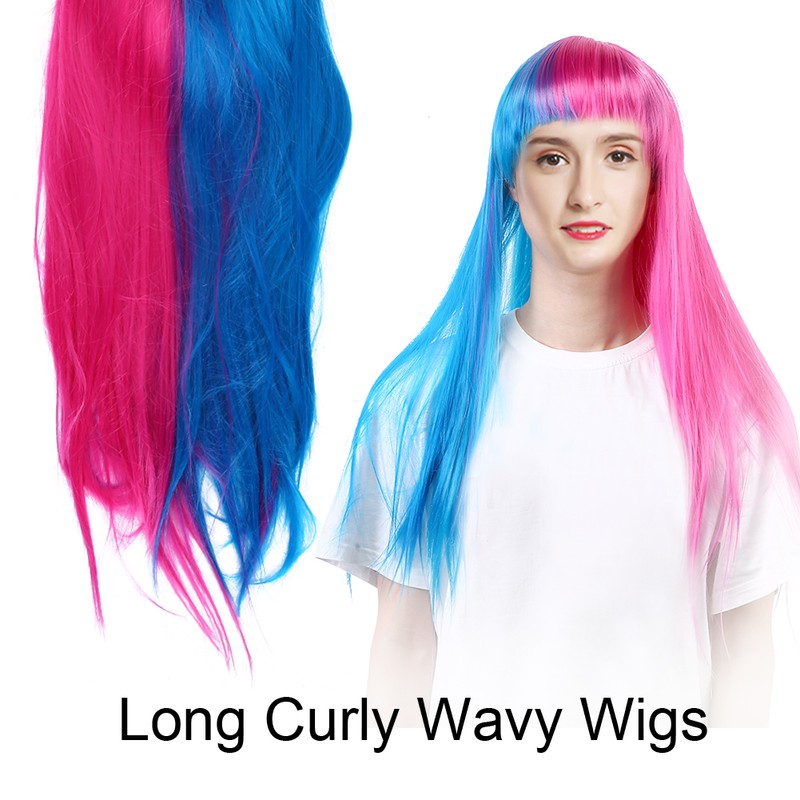 Long Straight Wigs Women Female Full Bangs Synthetic Hair Blue