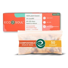 ECO SOUL 100% Compostable Snack Bags [50 Counts] Resealable Bags for Food, Freezer Bags, Eco-friendly Zip Bags, Reusable Biodegradable Bags