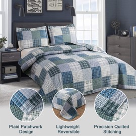 Quilt Set Twin Size Plaid Bedspread Coverlet Twin Quilt Set Bedding Mens Boys Quilt Bedspread Patchwork Bedding Home Modern Soft Lightweight Coverlet Reversible Quilt Bed Spread with 2 Pillow Shams
