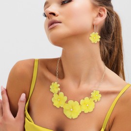 Ever Faith Yellow Flower Statement Necklace Boho Summer Holiday Beach Jewelry Floral Flowers Collar Necklaces with Earrings for Women