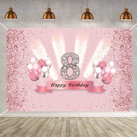 8th Birthday Banner 8th Birthday Decoration Rose Gold Party Decoration Girl, Fabric Sign Poster 8th Anniversary Party Birthday Banner Table Decoration Poster, Glitter Pink