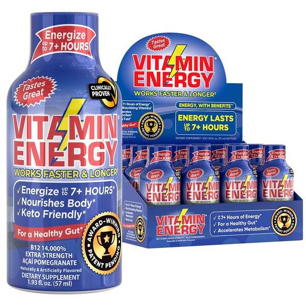 Vitamin Energy B12 Energy Shots | Natural Healthy Energy & Focus Drink | Sugar-Free Carb-Free Supplement | Vitamins B6, B12 | Energize up to 7+ Hours | Acai Pomegranate - 1.93 fl oz - Pack of 12