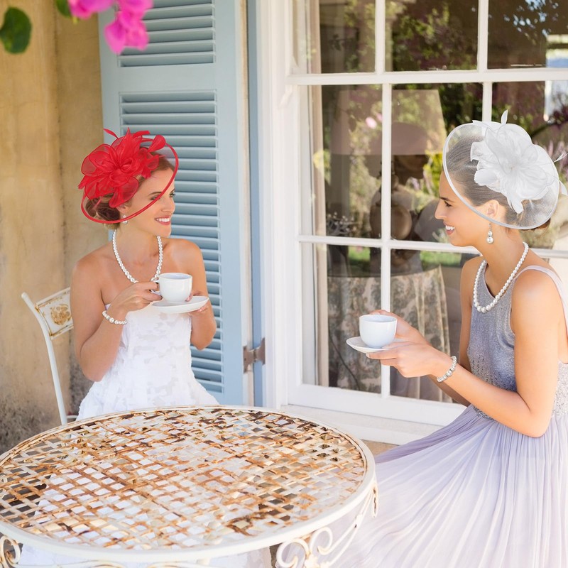 Quelay 4 Pcs Organza Fascinators Hat for Women Pearl Jewelry