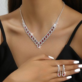 HUASAI Red Jewelry Set Wedding Jewelry Sets for Brides Bridesmaid Crystal Necklace and Earrings Set Formal Prom Accessories for Wedding Day Costume Jewelry for Women