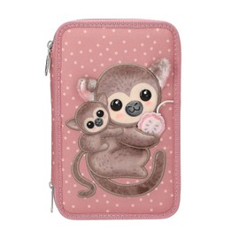 Depesche TOPModel Juicy 13323 Filled 3-Compartment Pencil Case in Dusky Pink, with Dots Pattern, Monkey Appliqué and Fruit, Pencil Case with Coloured Pencils, Scissors, Ruler and More