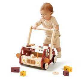 Adjustable Height & Speed Wooden Baby Walker with Tool Bench and Toy Storage Wagon - Multifunctional Toddler Push Walker Ergonomically Designed for Natural Walking - 3+ Years of Continuous Use(Red)