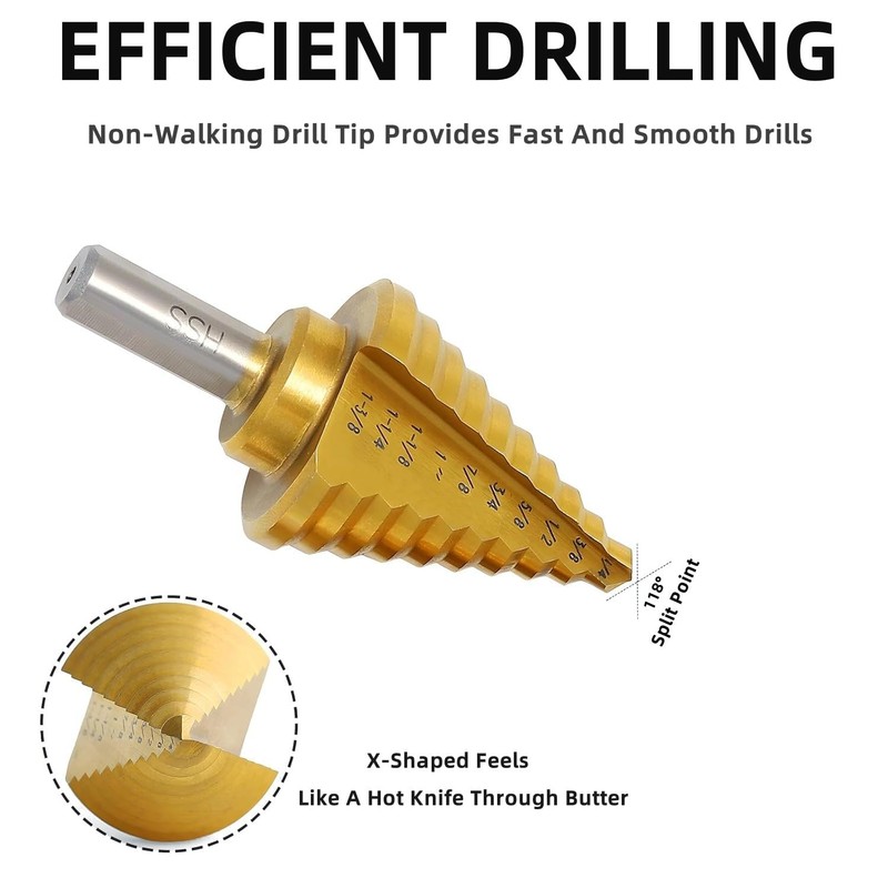 5PCS Titanium Step Drill Bit Set with 1 Automatic Center