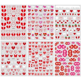 6 Sheets Valentine's Day Cute Nail Art Stickers Heart Nail Stickers Self-Adhesive Red Pink Heart Strawberry Butterfly Charm Nail Stickers for Acrylic Nail Tips Design False Nail Supplies for Women