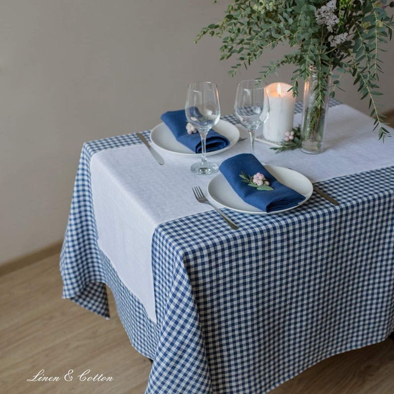 Linen & Cotton Gingham Tablecloth Estella - 100% Linen, White