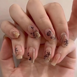 Pink Press on Nails Medium Chinese Style Fake Nails Minimalist Ink Style Full Cover Acrylic Nails Glossy Pink Gradient with Bamboo Shadow Rose Designs False Nails Glue on Nails for Manicure Art