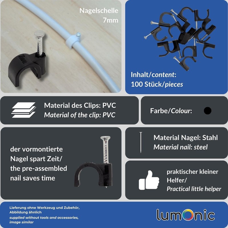 Lumonic 100 x Nail Clips 7 mm for Cable Black