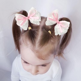 LMYMHMLM 2pcs Lace Hair Bows for Girls, White Lace and Pink Hair Ribbons, Alligator Bow Hair Clips, Handmade Hair Accessories for Girls